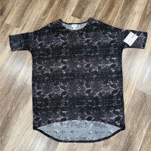 NWT Lularoe Irma HiLo Tunic Blouse Black GrayPurple Floral shirt Grannycore Sz:S